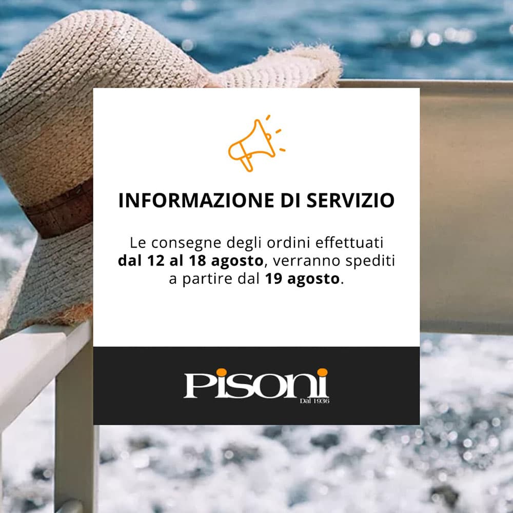 Popup estate 2025 - Informazione di servizio. Le consegne degli ordini effettuati dal 12 al 18 agosto, verranno spediti a partire dal 19 agosto.